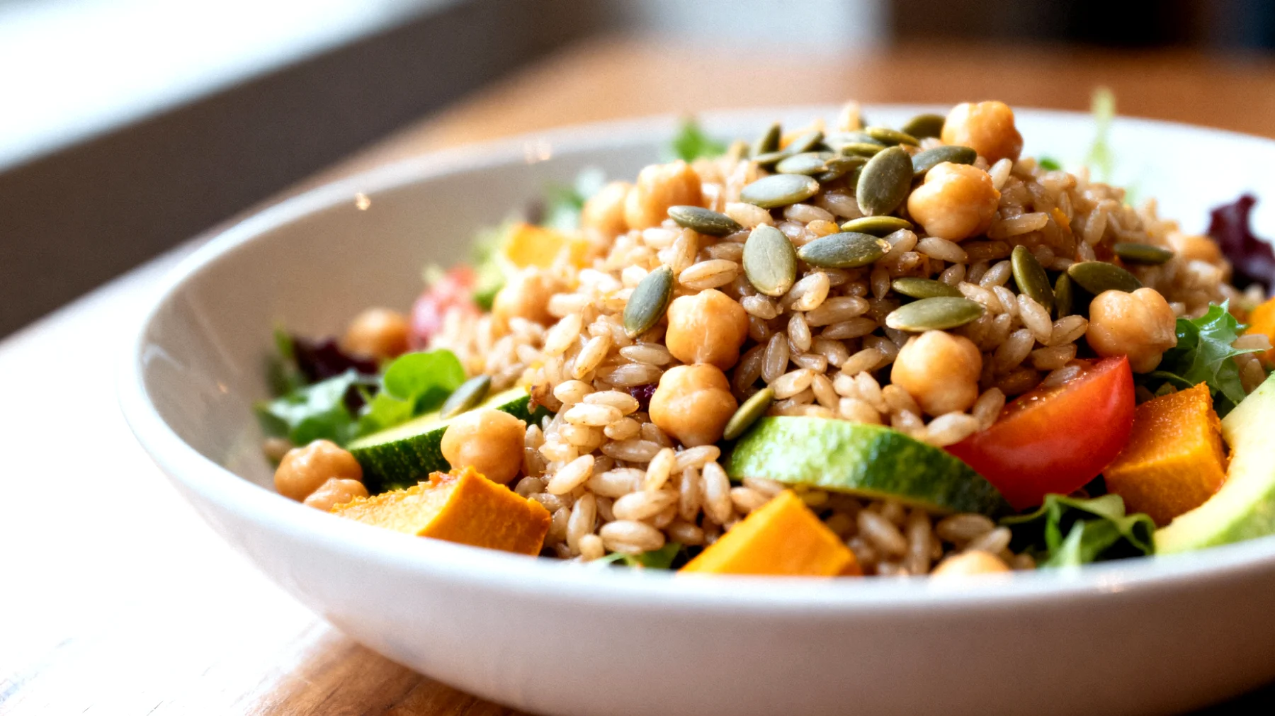 Insalata di farro con ceci, verdure croccanti e semi di zucca"