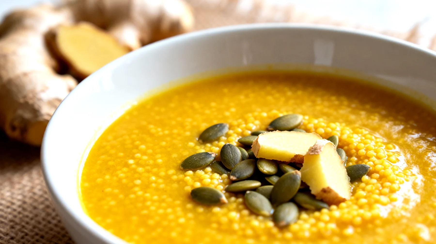 Zuppa di miglio con curcuma, zenzero e semi di zucca"