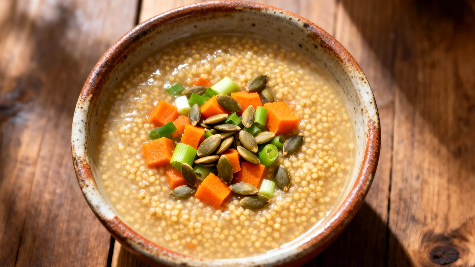 Zuppa di miglio con verdure di stagione e semi di zucca"