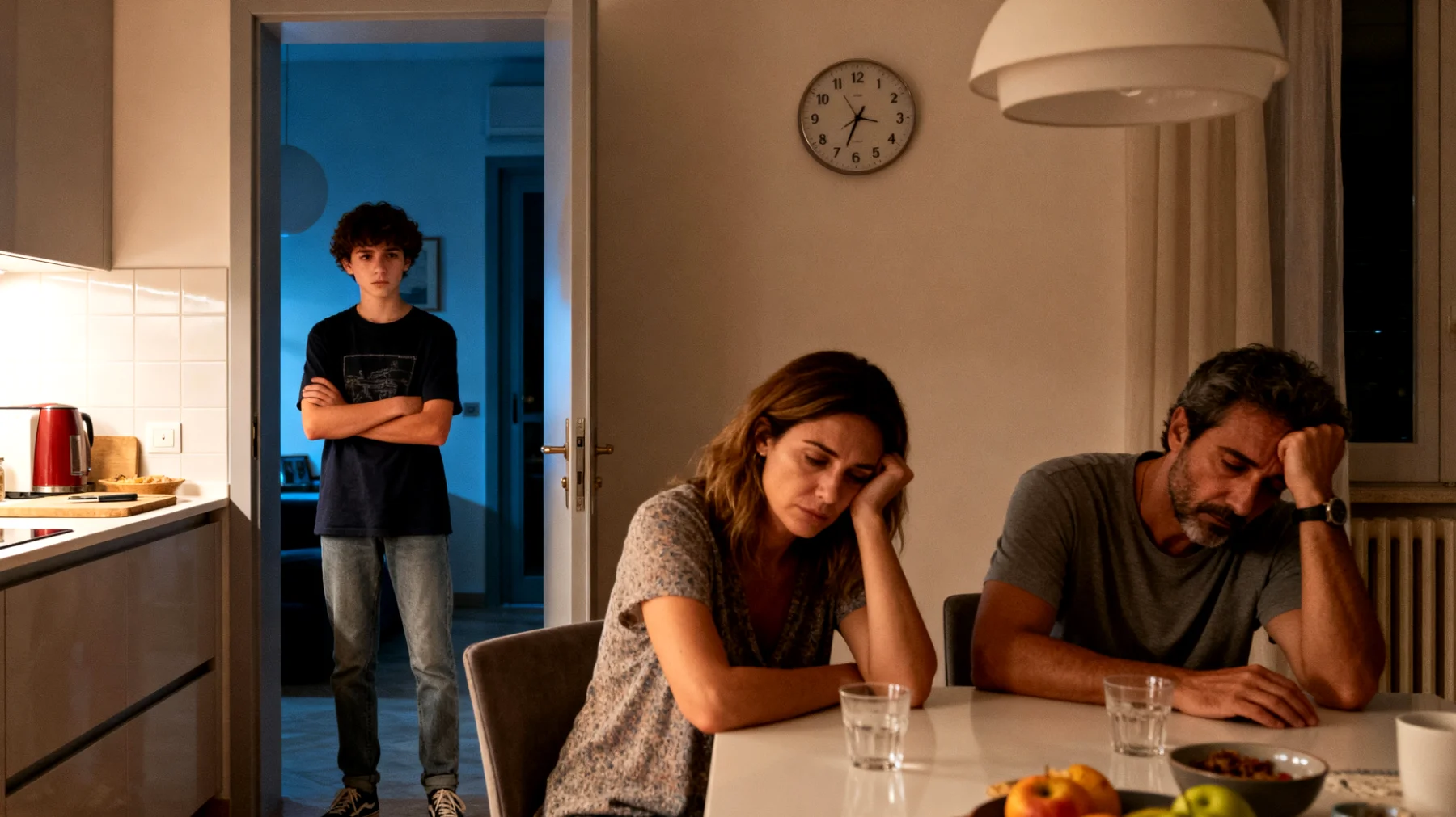 Genitori esausti che faticano a mantenere pazienza e presenza emotiva con i figli adolescenti a causa dei ritmi frenetici quotidiani, con conseguente deterioramento della qualità della relazione e senso di inadeguatezza"