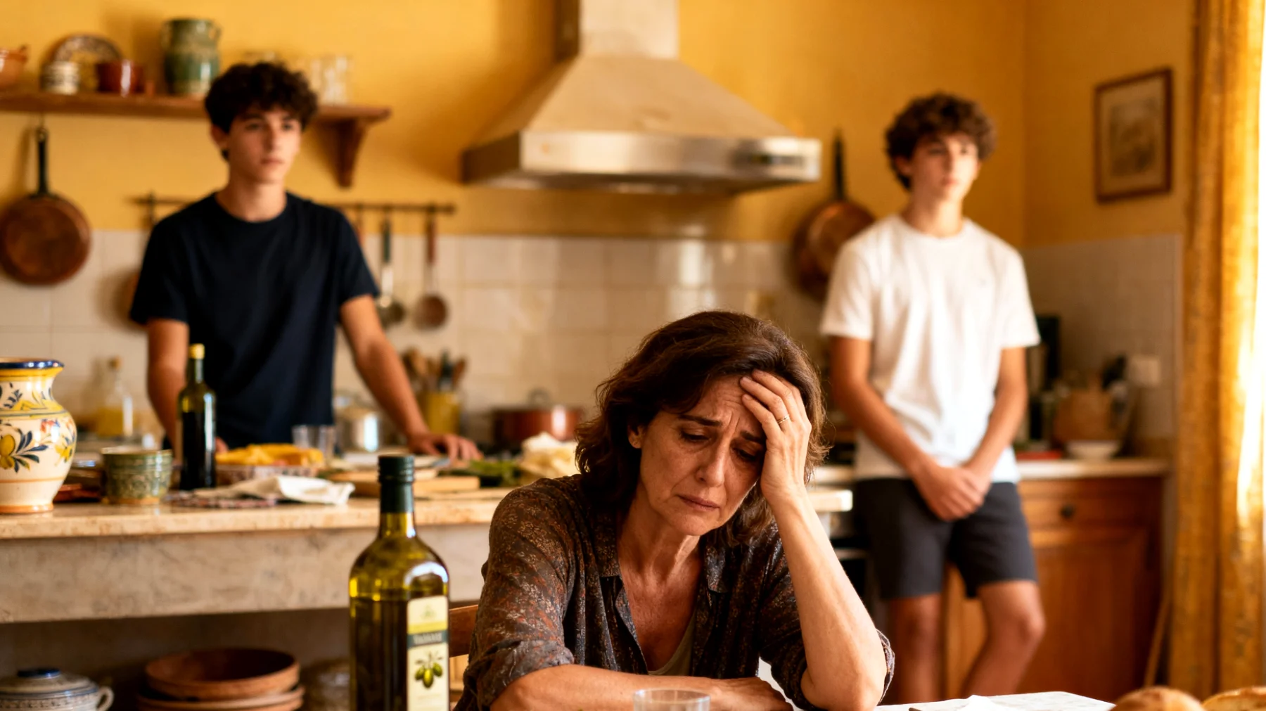 Una mamma fatica a trovare un equilibrio tra le responsabilità quotidiane e il bisogno di mantenere un rapporto significativo con i suoi figli giovani adulti, sentendosi costantemente sopraffatta dalla stanchezza e dalla mancanza di tempo di qualità da dedicare loro"