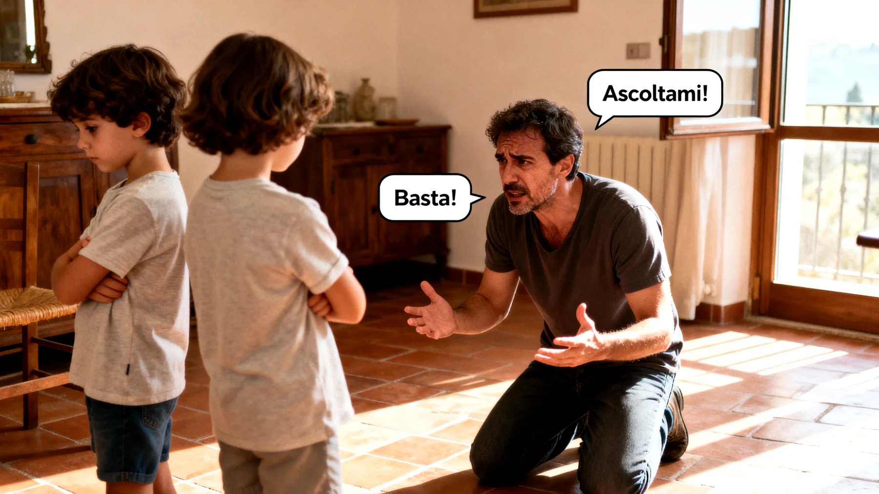 Un papà fatica a comunicare efficacemente con i suoi bambini piccoli, non riesce a farsi capire nelle richieste quotidiane e si sente frustrato quando loro non rispondono o non seguono le indicazioni, creando incomprensioni e tensioni nel rapporto"