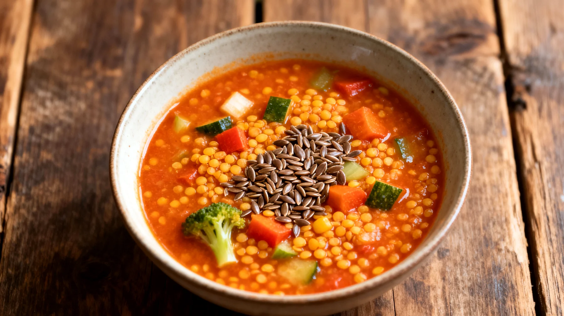 Zuppa di lenticchie rosse decorticate con verdure e semi di lino"