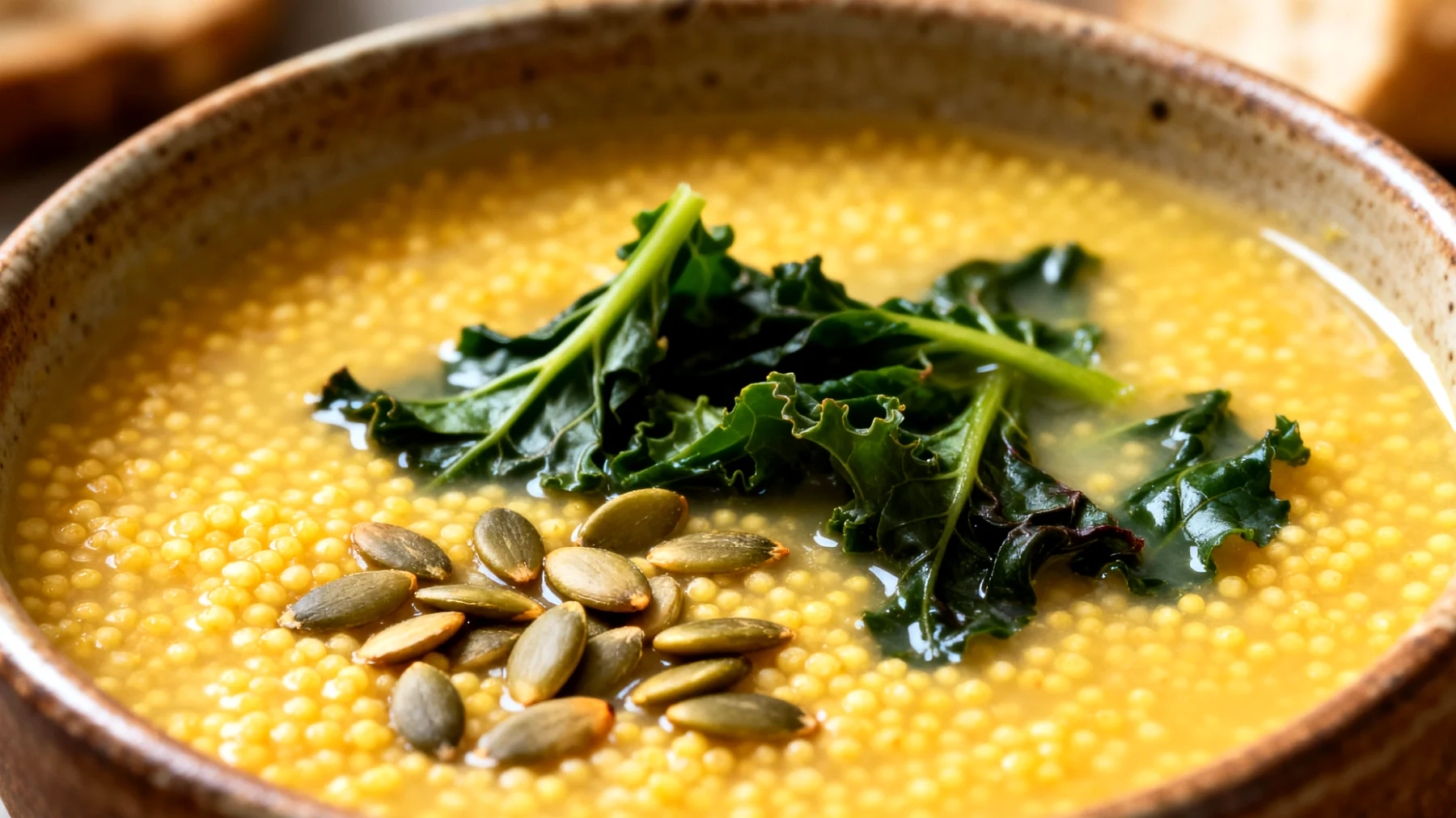 Zuppa di miglio con verdure amare e semi di zucca"