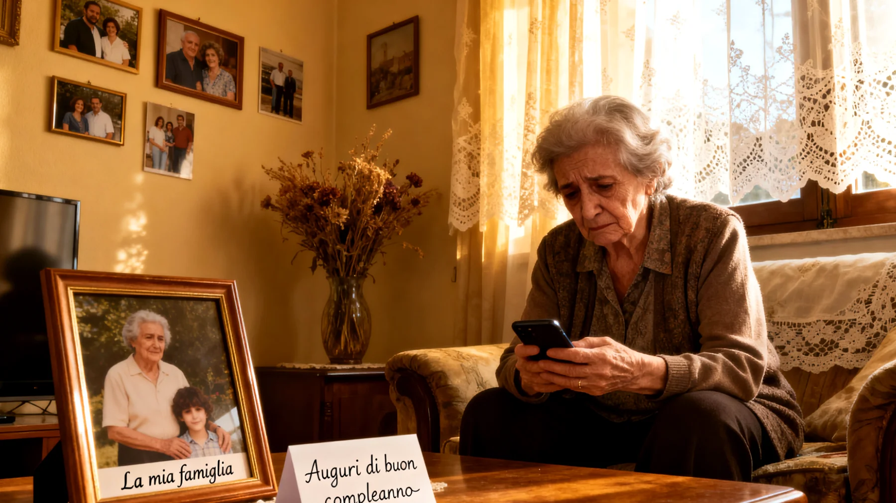 Nonna che lamenta di vedere i nipoti giovani adulti solo occasionalmente e per poco tempo, sentendo che gli incontri sono superficiali e privi di vera condivisione"